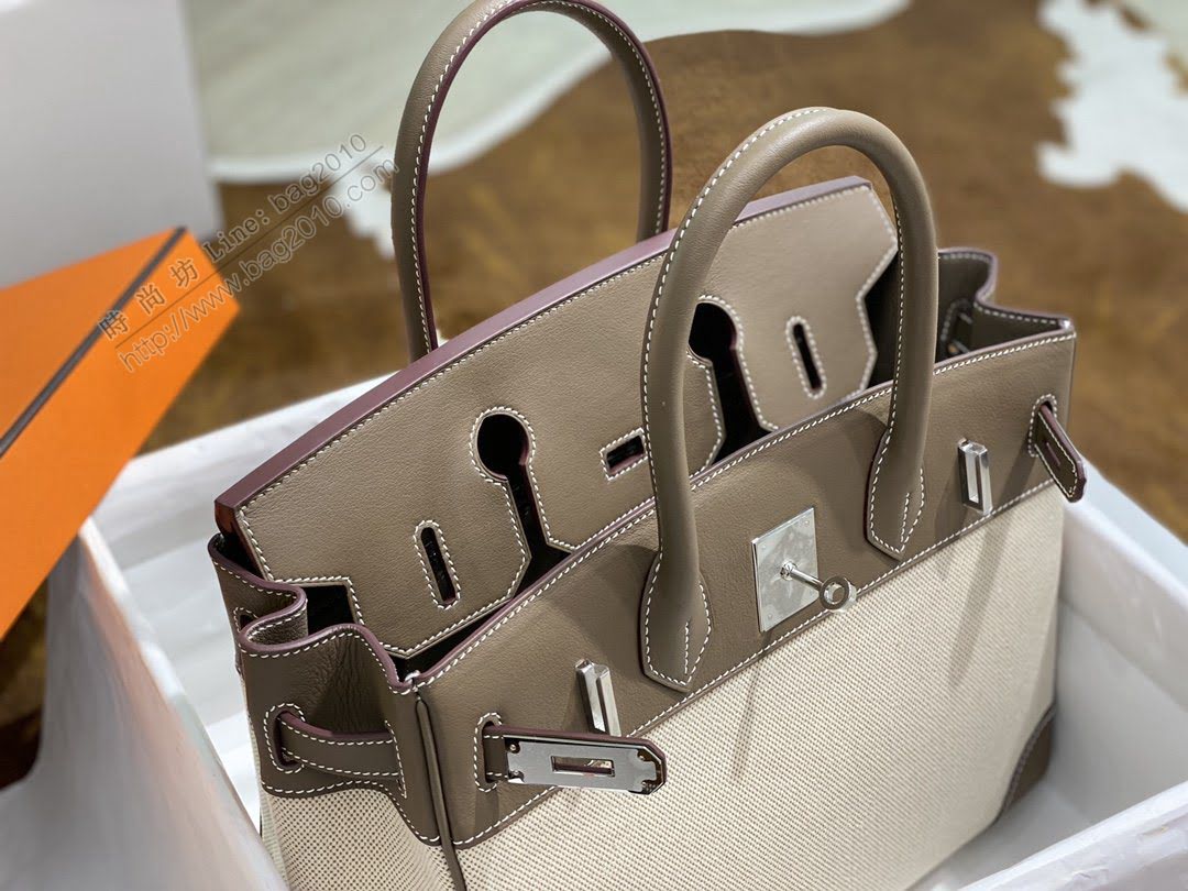 Hermesn鉑金女包 愛馬仕Birkin手提包 Swift皮 拼接原版帆布 中古款 全手工縫製  am2301